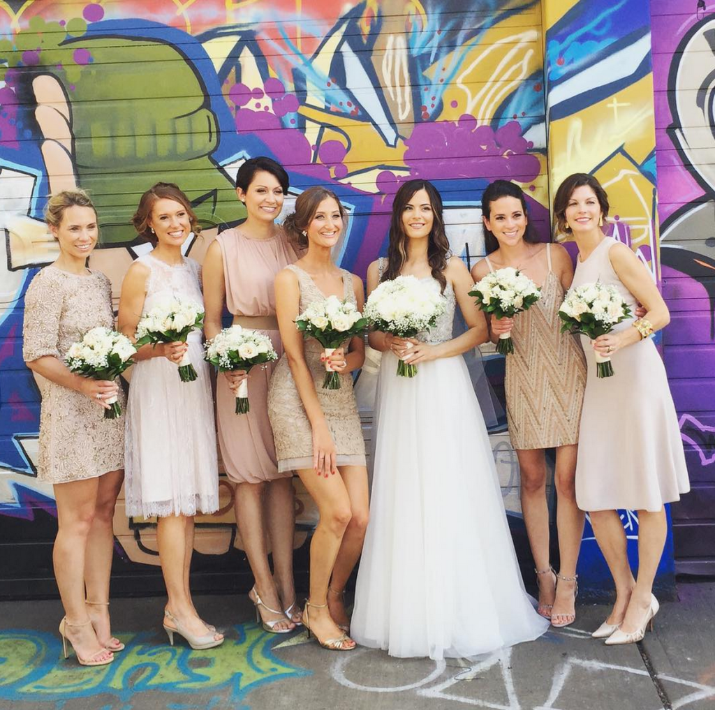 Bridesmaids hoboken girl jennifer casson tripucka wedding champagne dresses different