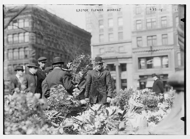 black and white photo of the union square floral market in 1908