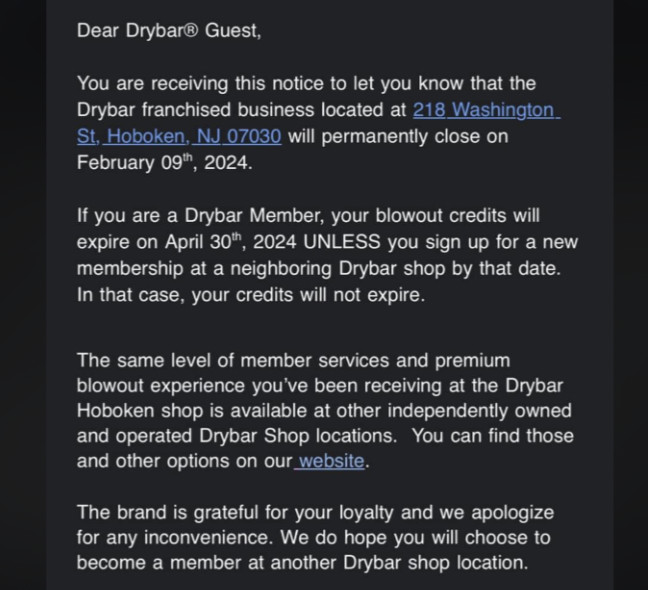 an email announcing the closure of hoboken drybar