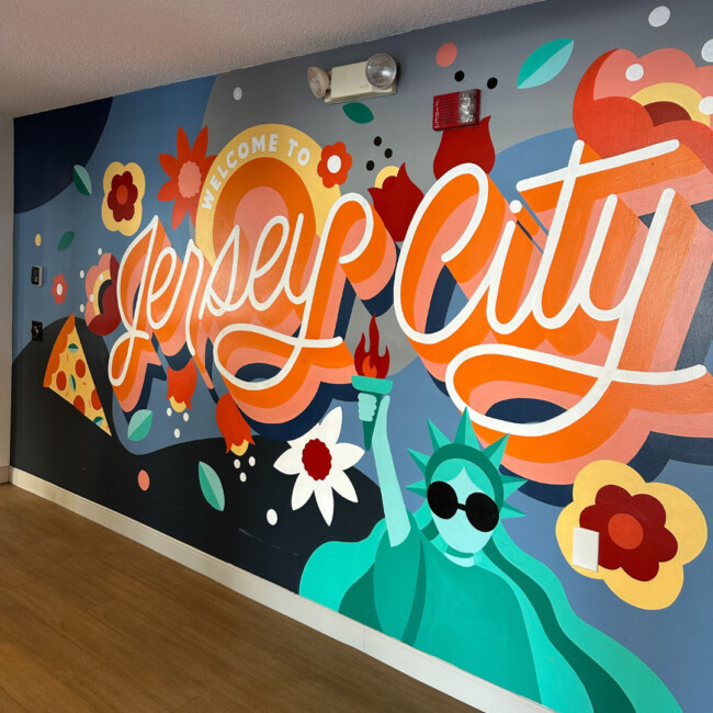 Welcome to Jersey City hand-painted mural in lobby