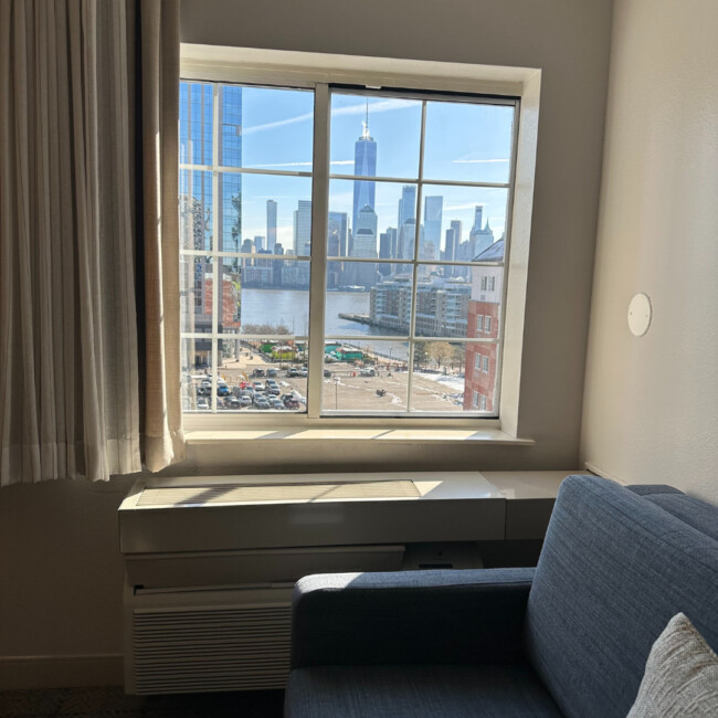 Manhattan skyline view from window of guest room
