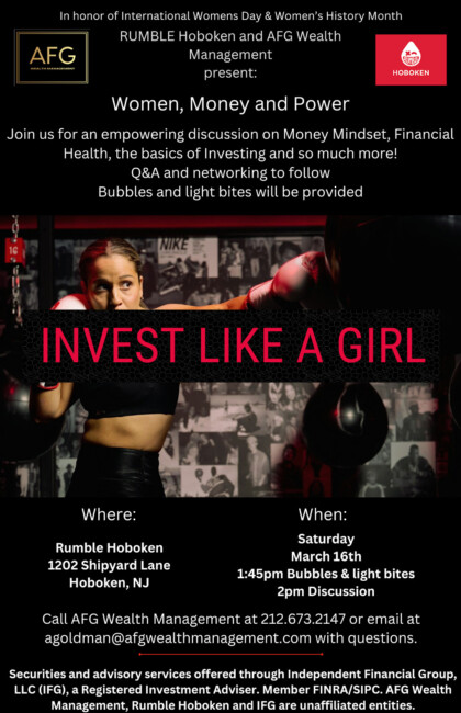 Flyer for AFG Women, Money and Power -Invest Like A Girl event