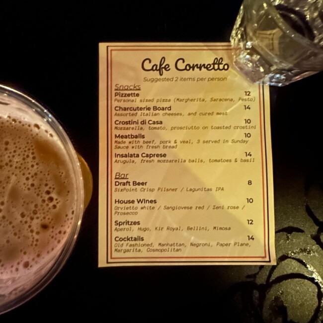 cafe corretto roman nose jersey city event venue menu