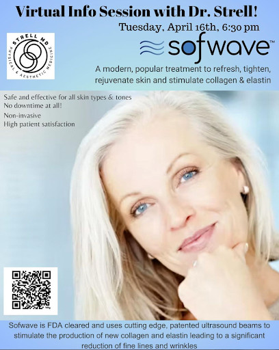 Graphic with woman smiling with details about SofWave virtual info session on April 16th