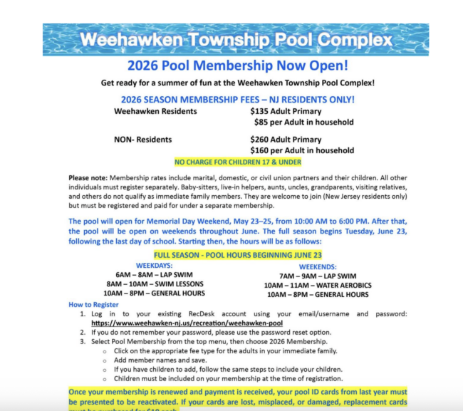 weehawken pool memberships 2026